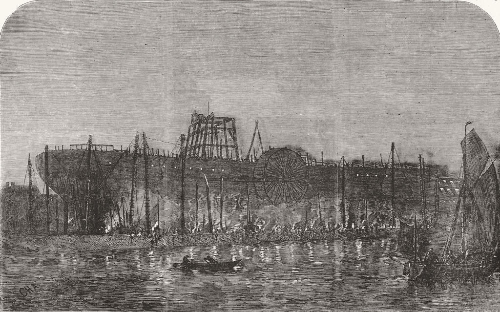 SHIPS. Working on the Great Eastern by Gaslight 1857 old antique print picture